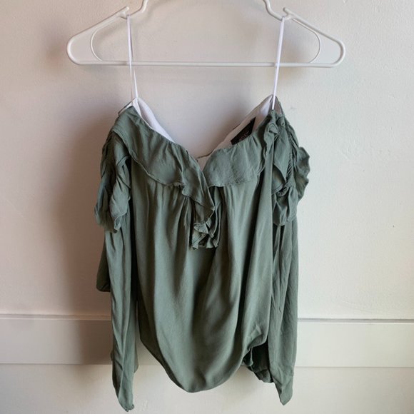 4SIENNA Sage Green Ruffle Off The Shoulder Long Sleeve Crop Top - Picture 4 of 10